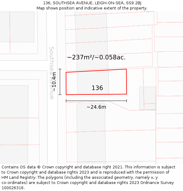 136, SOUTHSEA AVENUE, LEIGH-ON-SEA, SS9 2BJ: Plot and title map