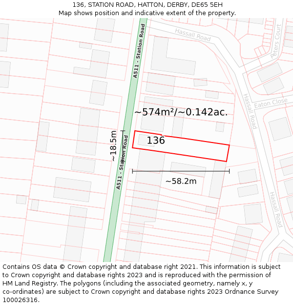 136, STATION ROAD, HATTON, DERBY, DE65 5EH: Plot and title map