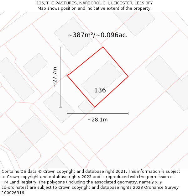 136, THE PASTURES, NARBOROUGH, LEICESTER, LE19 3FY: Plot and title map