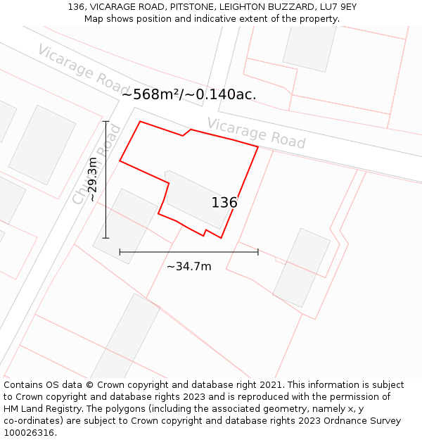 136, VICARAGE ROAD, PITSTONE, LEIGHTON BUZZARD, LU7 9EY: Plot and title map