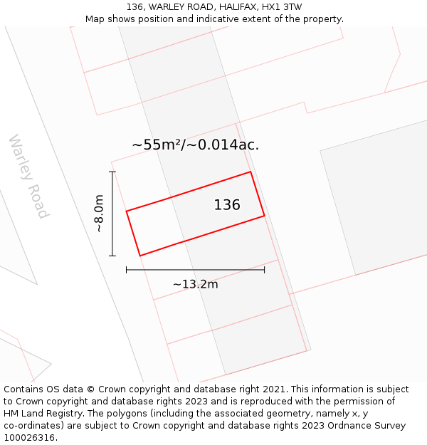 136, WARLEY ROAD, HALIFAX, HX1 3TW: Plot and title map