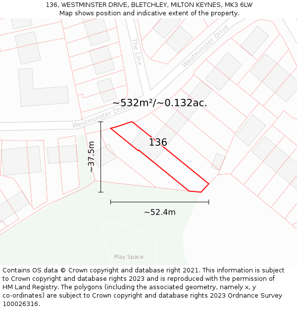 136, WESTMINSTER DRIVE, BLETCHLEY, MILTON KEYNES, MK3 6LW: Plot and title map