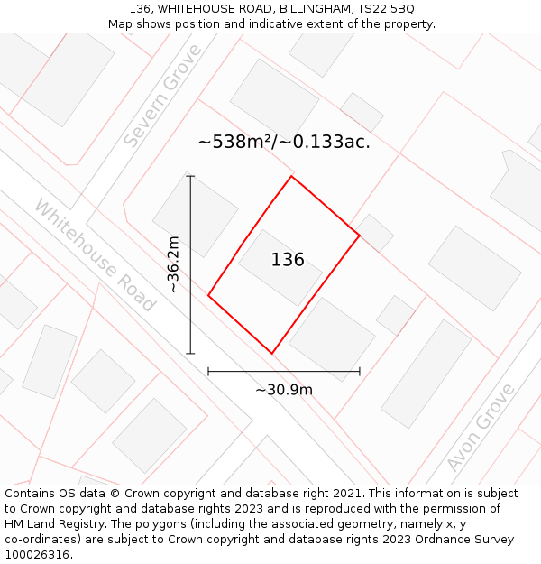 136, WHITEHOUSE ROAD, BILLINGHAM, TS22 5BQ: Plot and title map