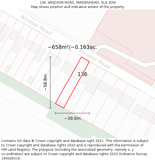 136, WINDSOR ROAD, MAIDENHEAD, SL6 2DW: Plot and title map