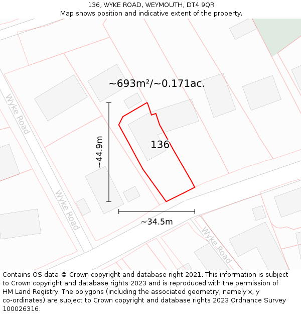 136, WYKE ROAD, WEYMOUTH, DT4 9QR: Plot and title map