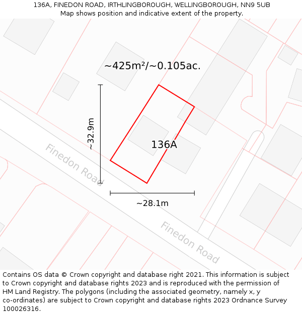 136A, FINEDON ROAD, IRTHLINGBOROUGH, WELLINGBOROUGH, NN9 5UB: Plot and title map