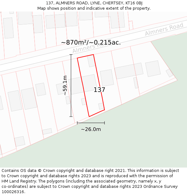 137, ALMNERS ROAD, LYNE, CHERTSEY, KT16 0BJ: Plot and title map