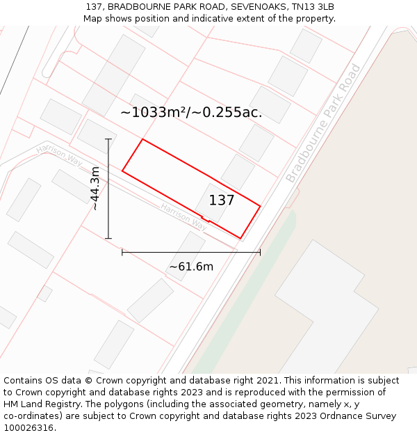 137, BRADBOURNE PARK ROAD, SEVENOAKS, TN13 3LB: Plot and title map