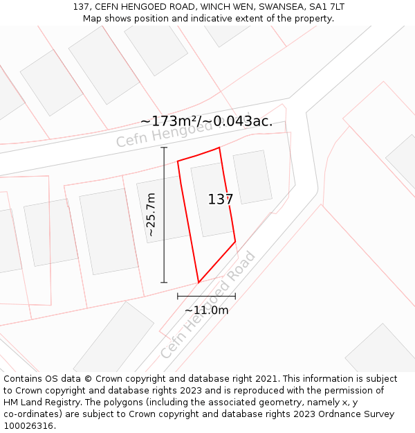 137, CEFN HENGOED ROAD, WINCH WEN, SWANSEA, SA1 7LT: Plot and title map