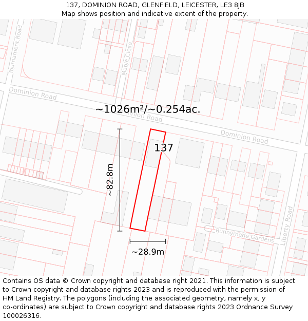 137, DOMINION ROAD, GLENFIELD, LEICESTER, LE3 8JB: Plot and title map