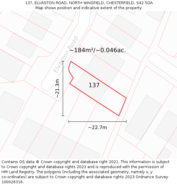 137, ELVASTON ROAD, NORTH WINGFIELD, CHESTERFIELD, S42 5GA: Plot and title map