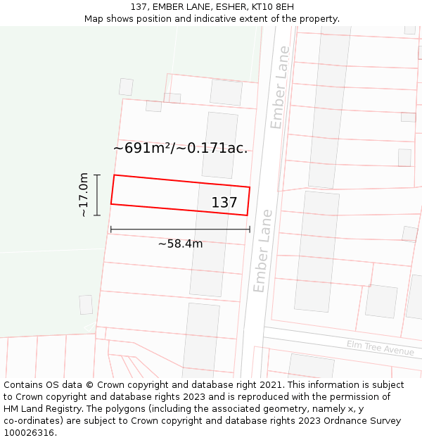 137, EMBER LANE, ESHER, KT10 8EH: Plot and title map