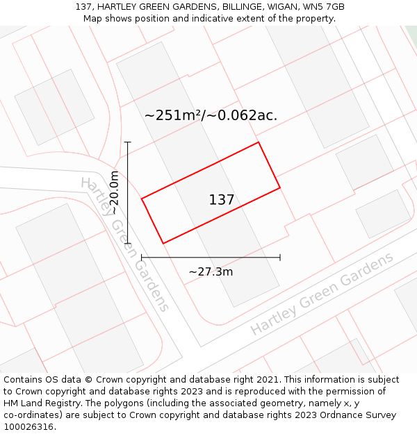 137, HARTLEY GREEN GARDENS, BILLINGE, WIGAN, WN5 7GB: Plot and title map