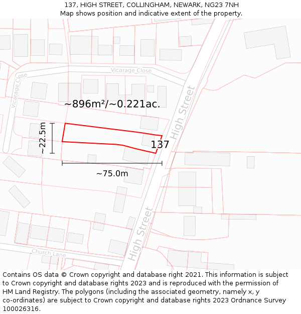 137, HIGH STREET, COLLINGHAM, NEWARK, NG23 7NH: Plot and title map