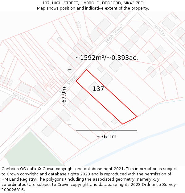 137, HIGH STREET, HARROLD, BEDFORD, MK43 7ED: Plot and title map