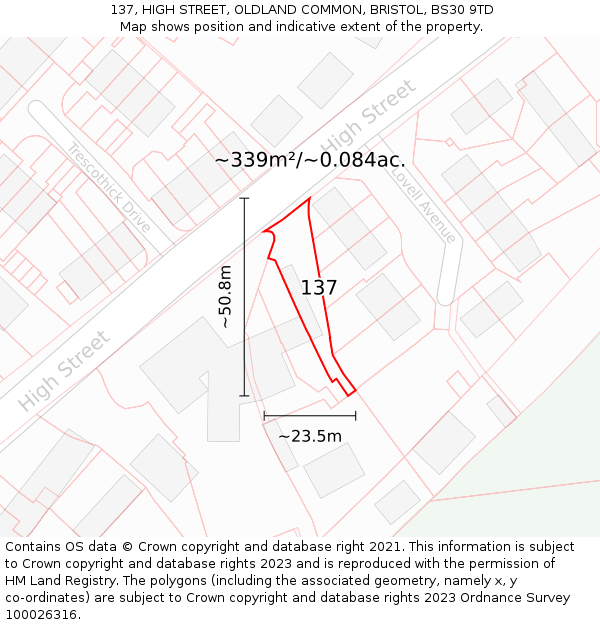 137, HIGH STREET, OLDLAND COMMON, BRISTOL, BS30 9TD: Plot and title map