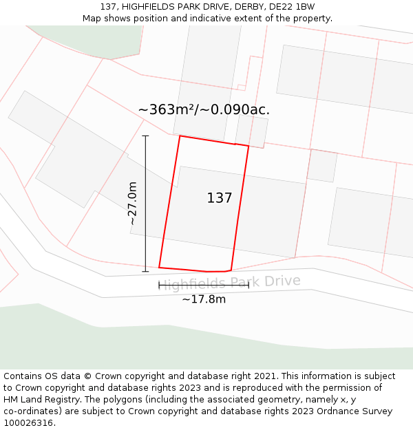 137, HIGHFIELDS PARK DRIVE, DERBY, DE22 1BW: Plot and title map