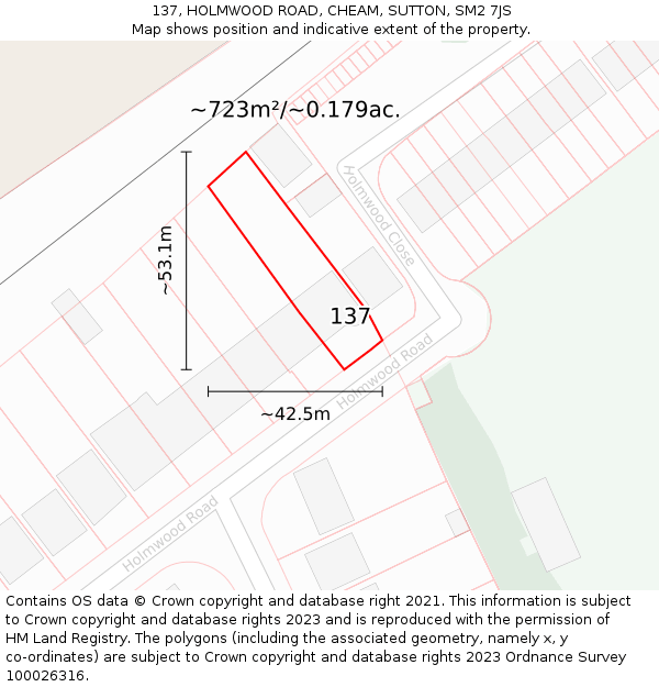 137, HOLMWOOD ROAD, CHEAM, SUTTON, SM2 7JS: Plot and title map