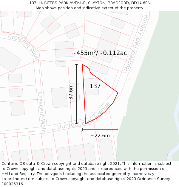 137, HUNTERS PARK AVENUE, CLAYTON, BRADFORD, BD14 6EN: Plot and title map