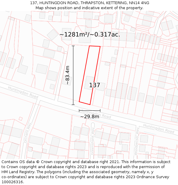 137, HUNTINGDON ROAD, THRAPSTON, KETTERING, NN14 4NG: Plot and title map