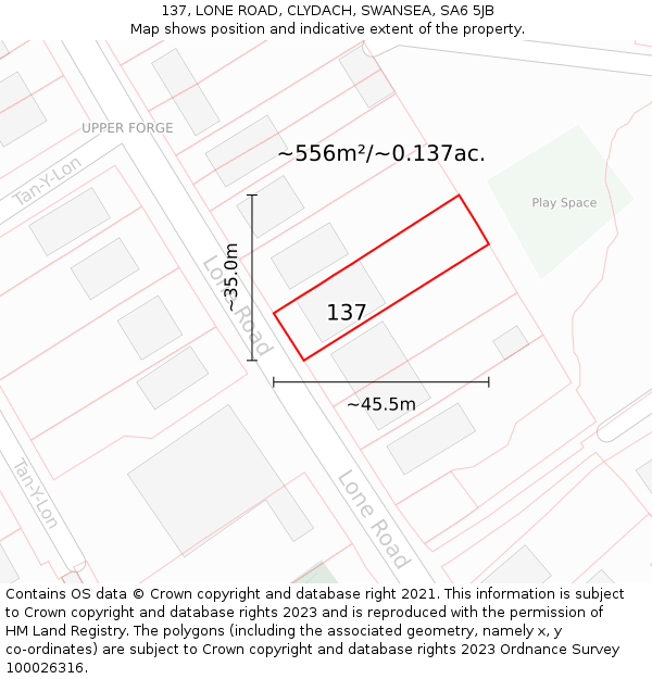 137, LONE ROAD, CLYDACH, SWANSEA, SA6 5JB: Plot and title map