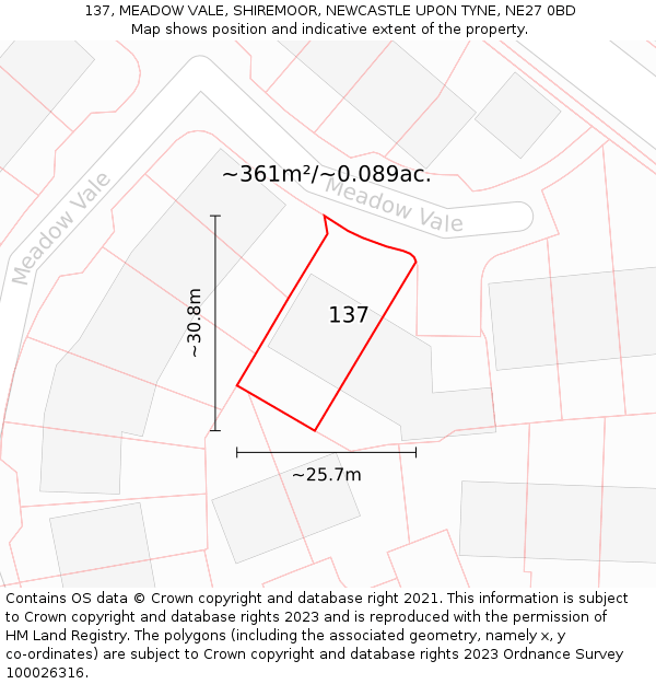 137, MEADOW VALE, SHIREMOOR, NEWCASTLE UPON TYNE, NE27 0BD: Plot and title map