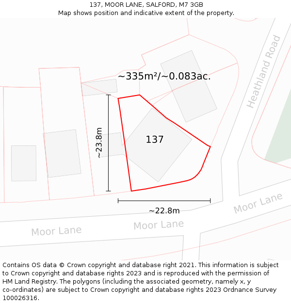 137, MOOR LANE, SALFORD, M7 3GB: Plot and title map