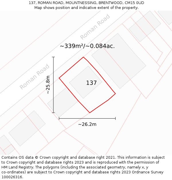 137, ROMAN ROAD, MOUNTNESSING, BRENTWOOD, CM15 0UD: Plot and title map