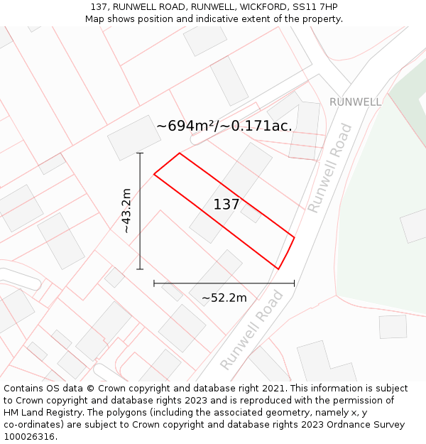 137, RUNWELL ROAD, RUNWELL, WICKFORD, SS11 7HP: Plot and title map