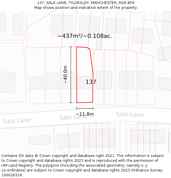 137, SALE LANE, TYLDESLEY, MANCHESTER, M29 8PA: Plot and title map