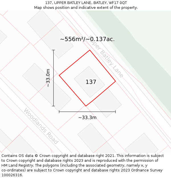 137, UPPER BATLEY LANE, BATLEY, WF17 0QT: Plot and title map