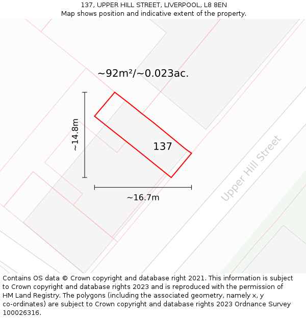 137, UPPER HILL STREET, LIVERPOOL, L8 8EN: Plot and title map