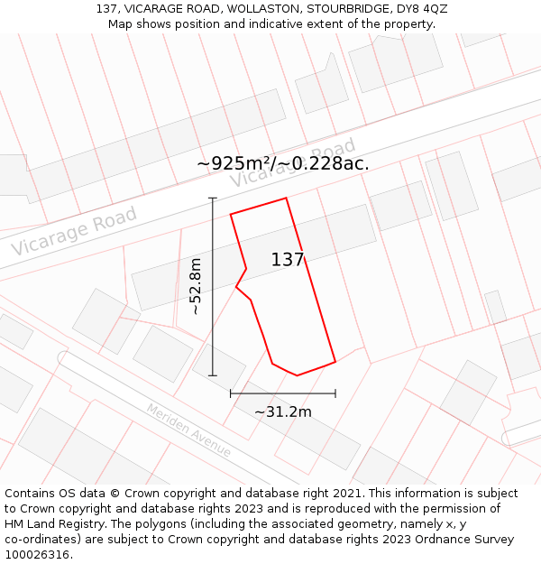 137, VICARAGE ROAD, WOLLASTON, STOURBRIDGE, DY8 4QZ: Plot and title map
