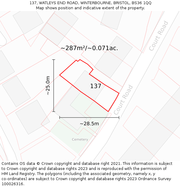 137, WATLEYS END ROAD, WINTERBOURNE, BRISTOL, BS36 1QQ: Plot and title map