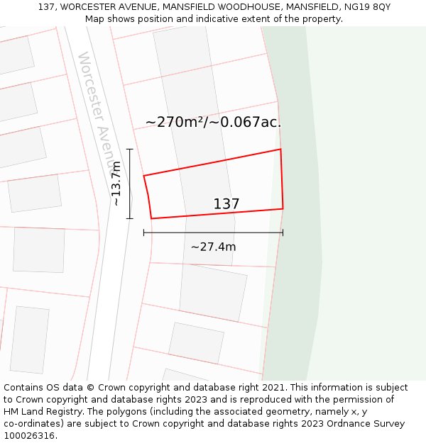 137, WORCESTER AVENUE, MANSFIELD WOODHOUSE, MANSFIELD, NG19 8QY: Plot and title map