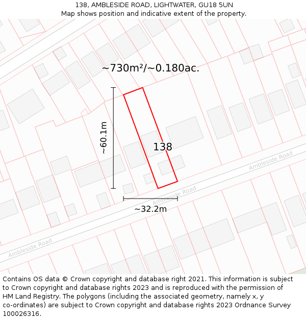 138, AMBLESIDE ROAD, LIGHTWATER, GU18 5UN: Plot and title map