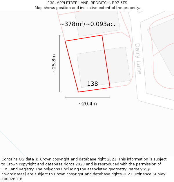 138, APPLETREE LANE, REDDITCH, B97 6TS: Plot and title map