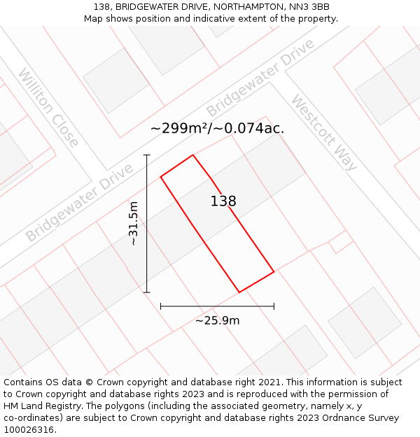 138, BRIDGEWATER DRIVE, NORTHAMPTON, NN3 3BB: Plot and title map