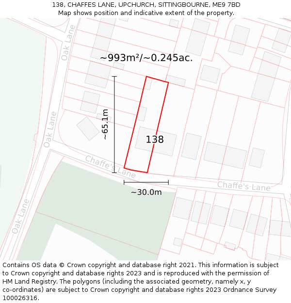 138, CHAFFES LANE, UPCHURCH, SITTINGBOURNE, ME9 7BD: Plot and title map