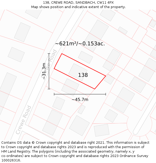 138, CREWE ROAD, SANDBACH, CW11 4PX: Plot and title map