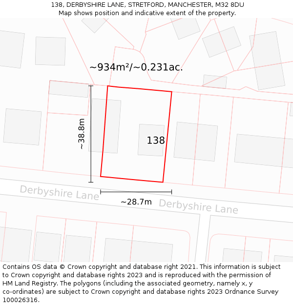 138, DERBYSHIRE LANE, STRETFORD, MANCHESTER, M32 8DU: Plot and title map