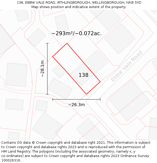 138, EBBW VALE ROAD, IRTHLINGBOROUGH, WELLINGBOROUGH, NN9 5YD: Plot and title map