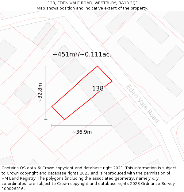 138, EDEN VALE ROAD, WESTBURY, BA13 3QF: Plot and title map