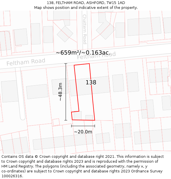 138, FELTHAM ROAD, ASHFORD, TW15 1AD: Plot and title map