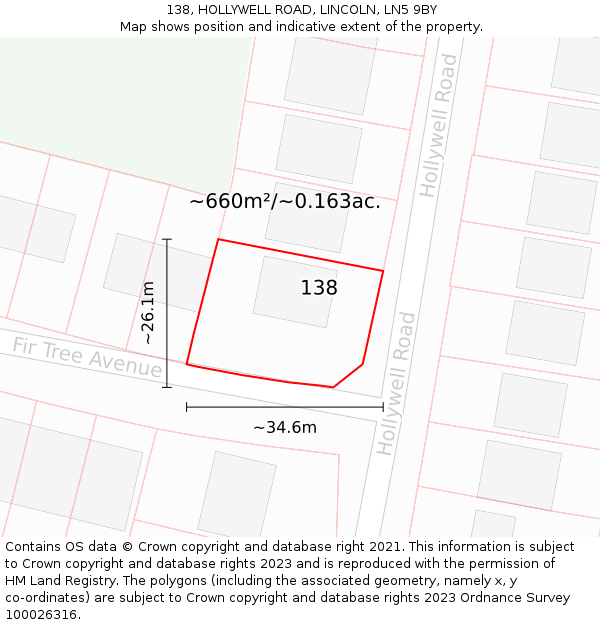 138, HOLLYWELL ROAD, LINCOLN, LN5 9BY: Plot and title map