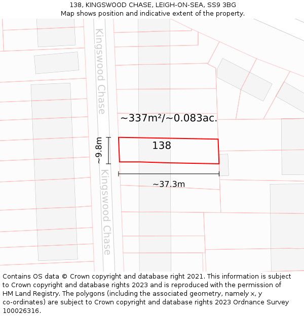 138, KINGSWOOD CHASE, LEIGH-ON-SEA, SS9 3BG: Plot and title map