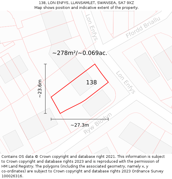 138, LON ENFYS, LLANSAMLET, SWANSEA, SA7 9XZ: Plot and title map