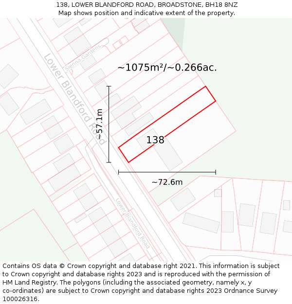 138, LOWER BLANDFORD ROAD, BROADSTONE, BH18 8NZ: Plot and title map