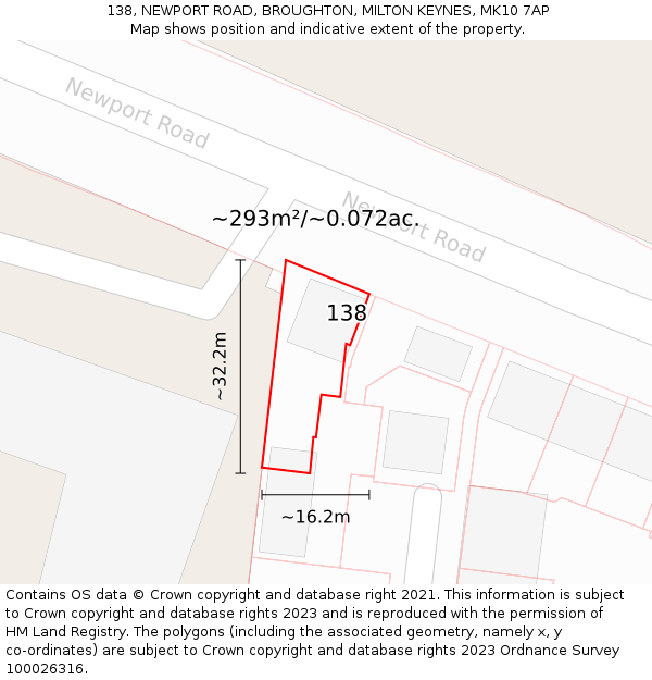 138, NEWPORT ROAD, BROUGHTON, MILTON KEYNES, MK10 7AP: Plot and title map