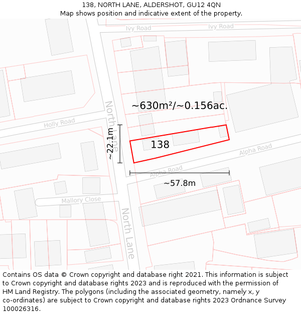 138, NORTH LANE, ALDERSHOT, GU12 4QN: Plot and title map